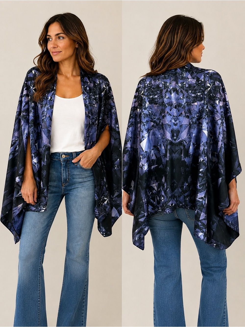 TED BAKER Stylish Black and Purple Abstract Print Kimono Shawl Tubular Cape